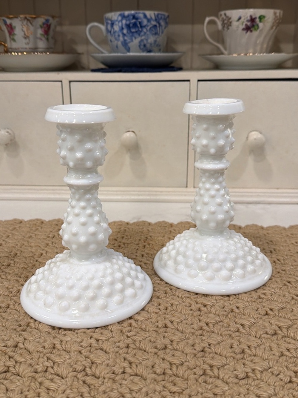 Fenton White Hobnail Milk Glass Candlestick Pair - Classic Home Accent